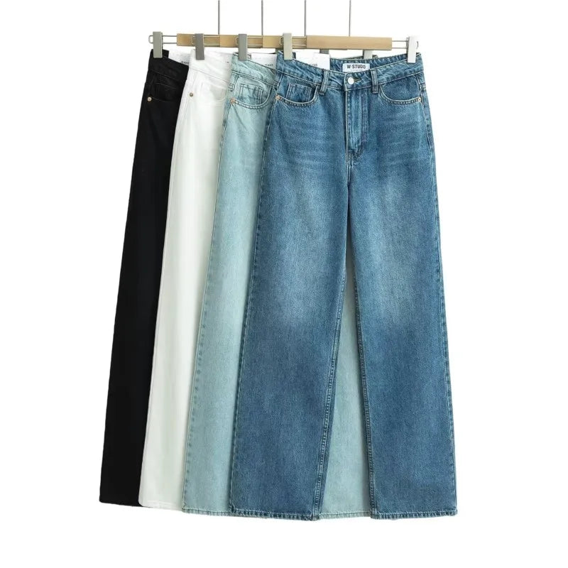 LIZAKOSHT  -  Amercian Retro White High Waist Straight Wide Leg Jeans Women Loose Denim Pants Floor Length Trousers blue black 4 colors