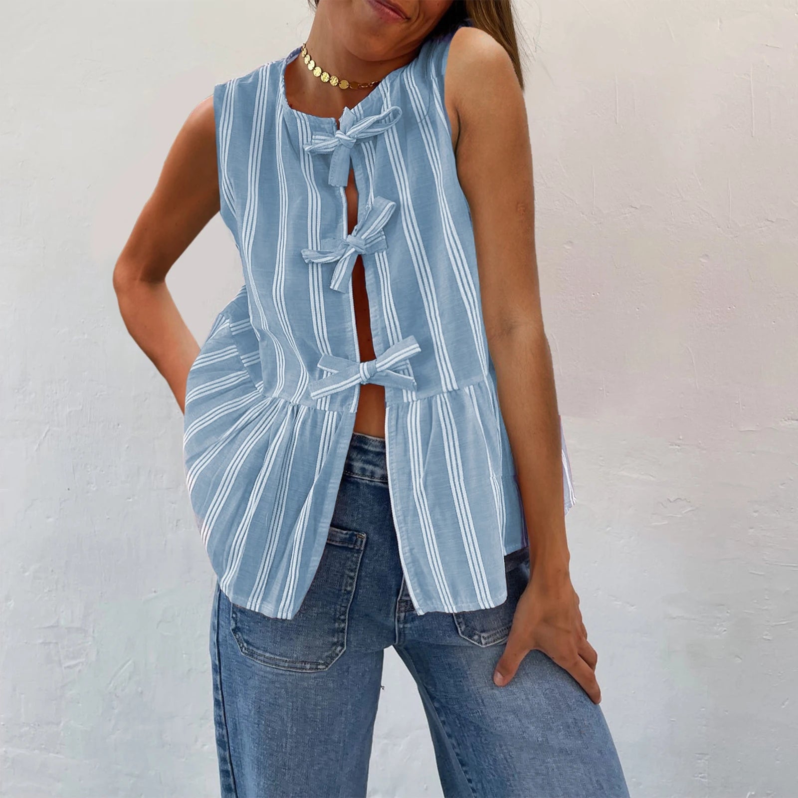 LIZAKOSHT  -  Women Y2k Tie Front Peplum Tank Tops Sleeveless Stripe Crop Tops Babydoll Shirts Summer Cute Tops for Teens Streetwear