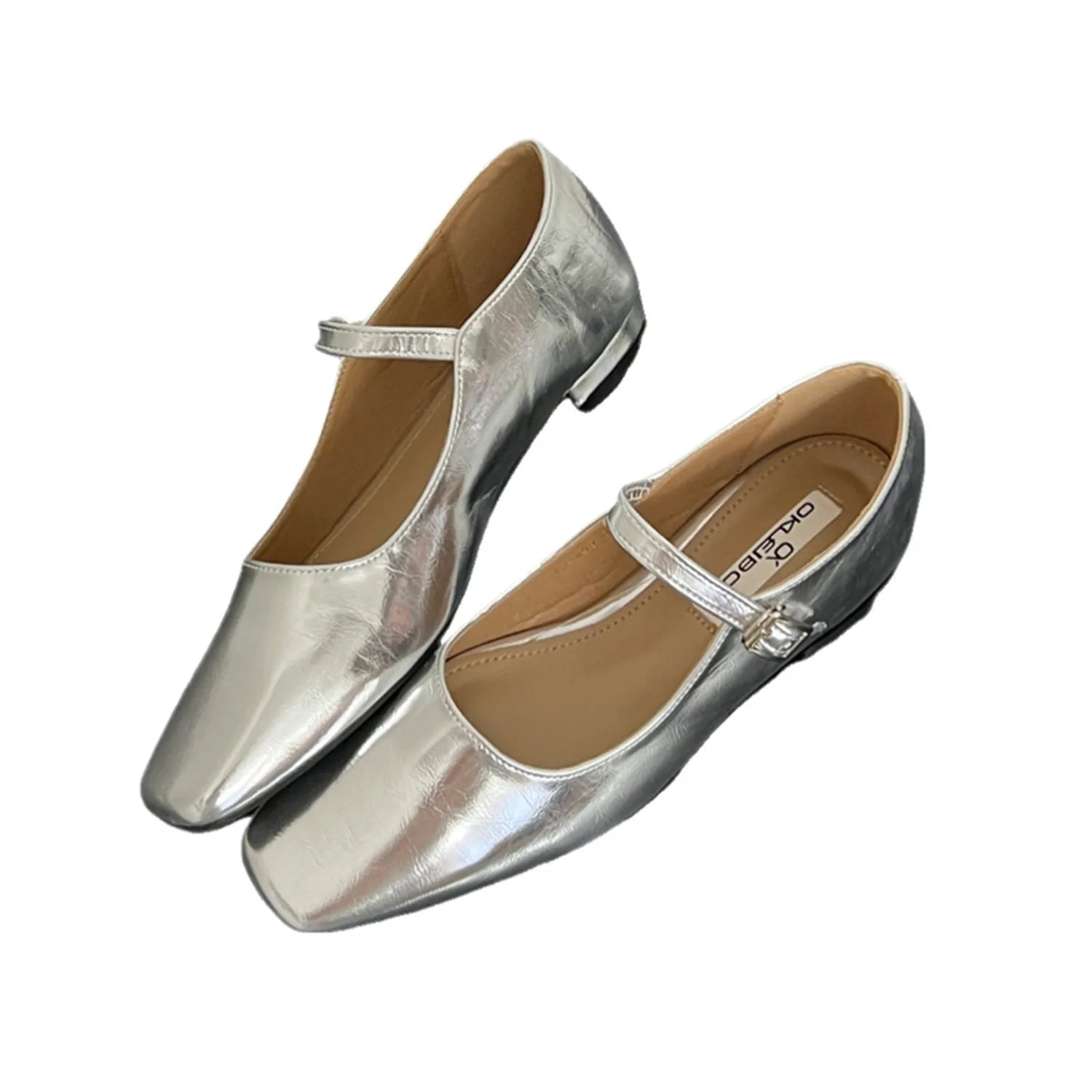 LIZAKOSHT -  Silver Ballerina Shoes Woman Belt Strap Mary Janes Lolita Square Toe Flats OL Ladies Dress Mocasines Brides Wedding Ballets