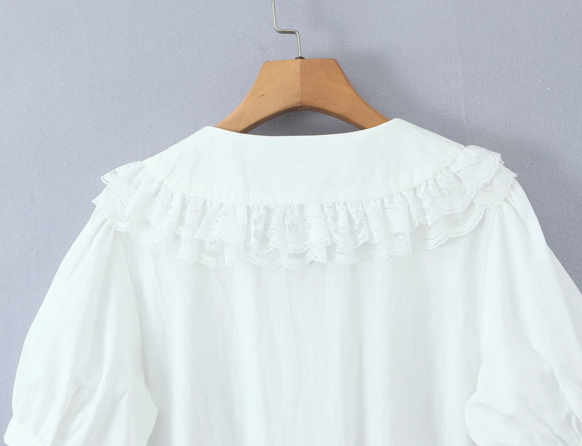 LIZAKOSHT  -  Holiday White Spliced Wood ears Lace Peter Pan Collar Short Puff Sleeve Shirt Women Fold Pleated Front Open Buttons Blouses Tops