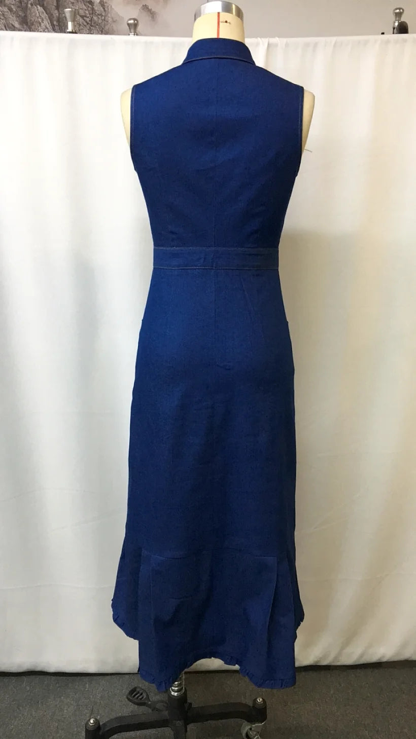 LIZAKOSHT  -  New Casual Fashion Dark Blue Denim Sleeveless Fishtail Midi Dress for Women - Stylish Summer Streetwea