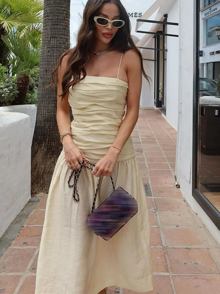 LIZAKOSHT  -  Sexy Patchwork Pleated Women Sling Dress Elegant Sleeveless Backless Midi A-line Dresses 2024 Summer Lady Slim Street Robes