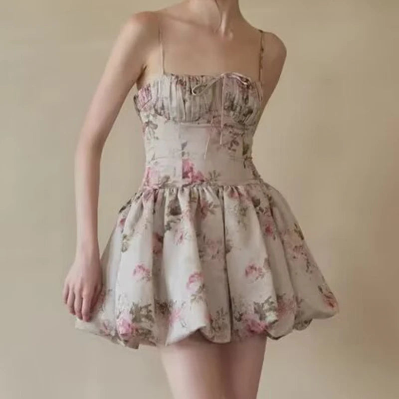 LIZAKOSHT  -  Sexy Elegant Women Spaghetti Strap Rose Floral Print Mini Dresses Summer Female Low Waist Vintage Party Robe