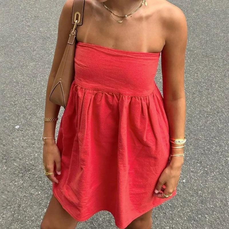 LIZAKOSHT  -  Elegant Solid Strapless Dress Women's Sleeveless Beach Vacation Short Dress Splice Off Shoulder Loose High Waist Clothing