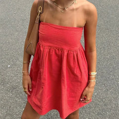 LIZAKOSHT  -  Elegant Solid Strapless Dress Women's Sleeveless Beach Vacation Short Dress Splice Off Shoulder Loose High Waist Clothing