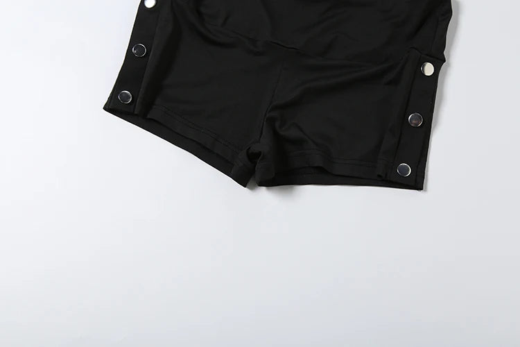 LIZAKOSHT  -  Buckle Decoration 2-Piece Set Women Halter Low-Neck Vest+Elastic Waist Mini Short Sexy Hottie Street Fashion Suit