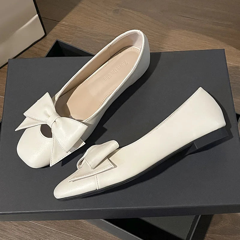 LIZAKOSHT  -  bowknot flat loafers women square toe cutout leather mary janes shoes woman 34-42 big size bowtie flats working mocasines women