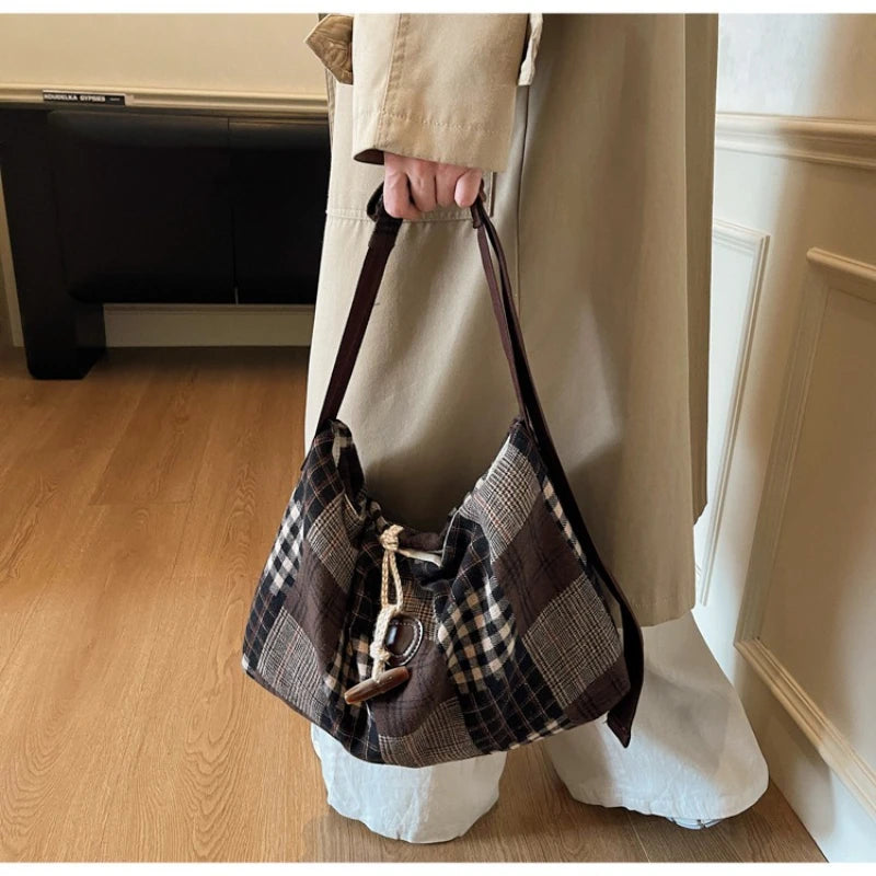 LIZAKOSHT  -  Fashion Plaid Texture Shoulder Bag Autumn Winter Wool Large Capacity Crossbody Bag Retro Lazy Style Lightweight Storage Bag