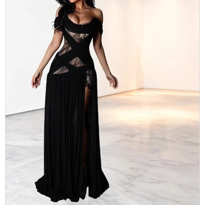 LIZAKOSHT  -  2026 Women's Elegant New Sexy Lace Stitching Slightly Sheer Slit Dress