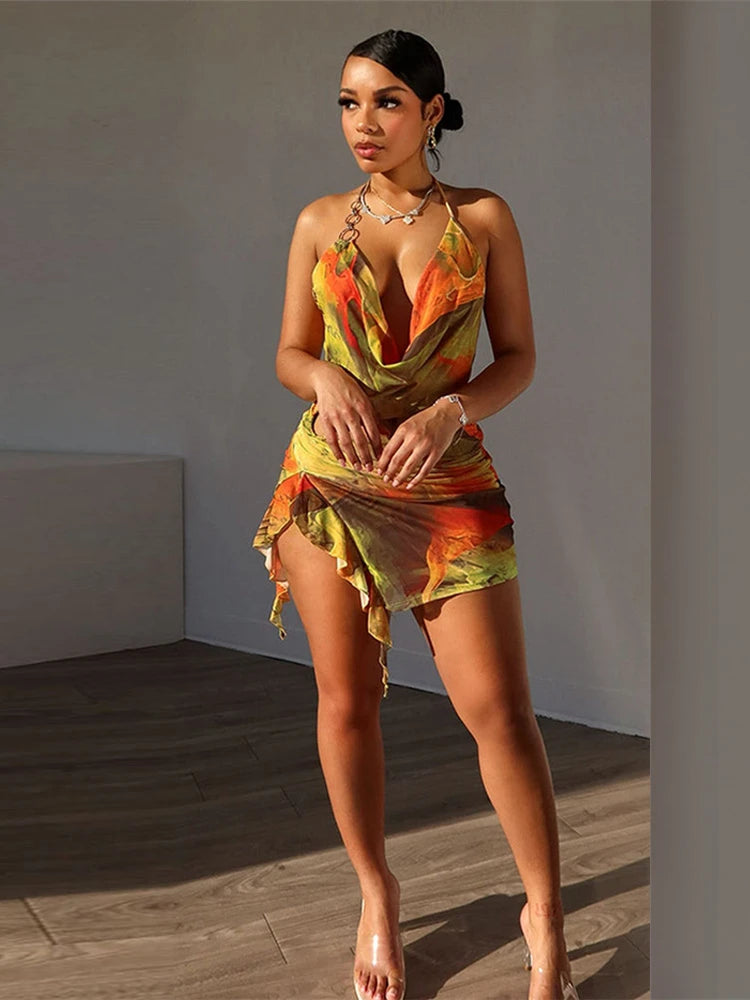 LIZAKOSHT  -  Summer Tie-dye Print Pile Collar Mesh Mini Dress Vacation For Woman 2024 Sexy Hollow Out Backless Bandage Short Dresses