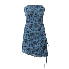 LIZAKOSHT  -  Sexy Women Vintage Floral Print Side Drawstring Ruched Asymmetrical Strapless Dress Summer Female Party Mini Robe