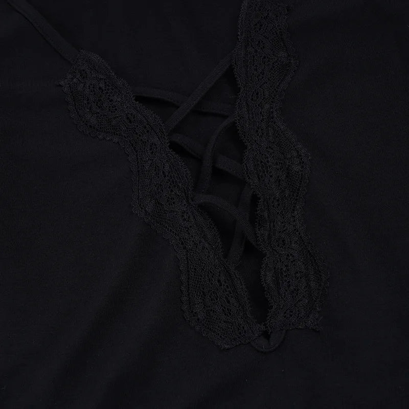 LIZAKOSHT  -  Sexy Deep V-neck Lace Patchwork Black Bodysuit Elegant Women's Style Basic Solid Long Sleeve Tight Fit T-shirt Streetwear