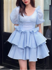 LIZAKOSHT  -  Elegant Chic Mini Tiered Dress Blue White Summer Party Women Ruffles Puff Sleeve Backless Sexy Ladies Dress Vestidos