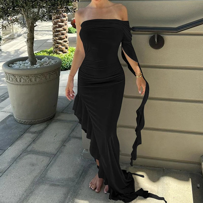 LIZAKOSHT  -  Summer Newly Irregular Ruffle Fringe Party Off Shoulder Dress Elegant One Sleeve Slim Hip Package Lady Split Vacation Robes