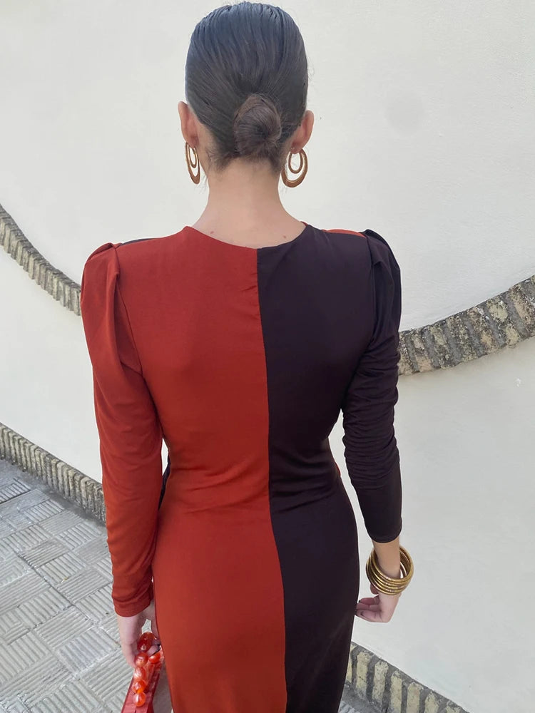 LIZAKOSHT  -  Patchwork Long Sleeve Slit Women Maxi Dress Green Deep V-neck Ruched Autumn Winter Skinny Elegant Party Evening Dress