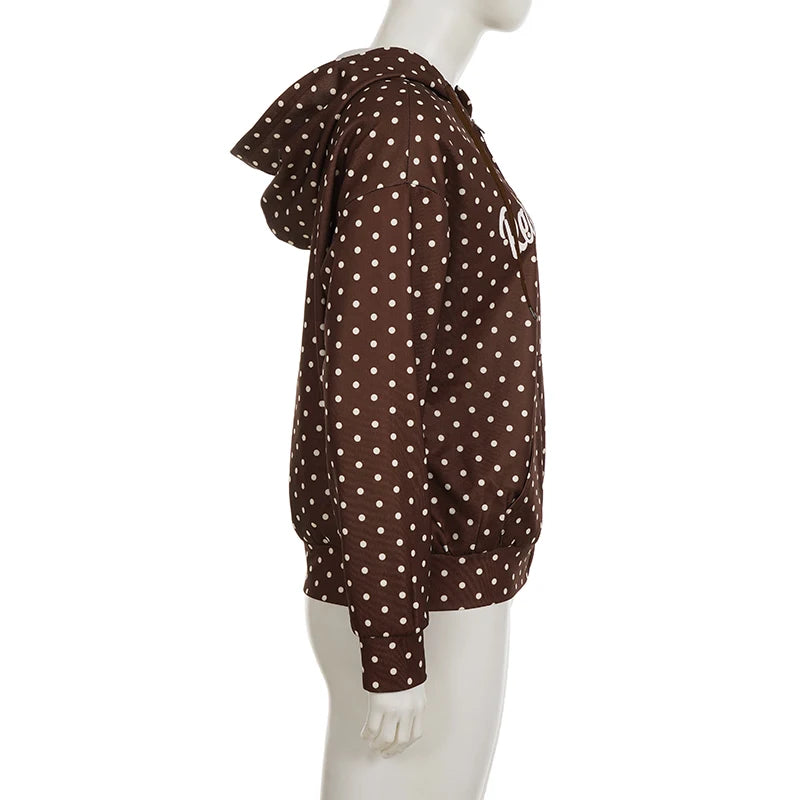 LIZAKOSHT  -  Retro Brown Polka Dot Print Hooded Sweatshirt Women Zip-Up hoodie Coats Clothes Women Autumn Going Out Outfit Streetwea