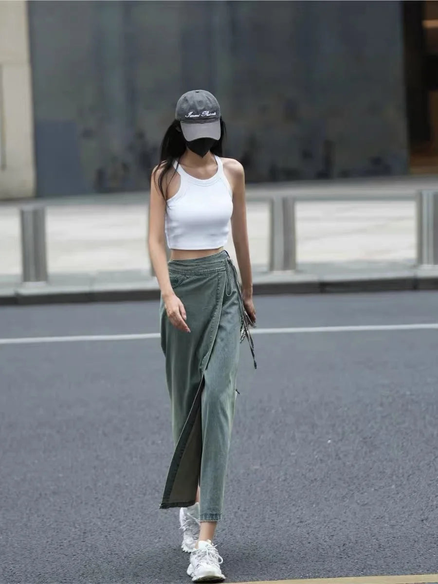 LIZAKOSHT  -  Women Long Denim Skirt Y2k Emo 2000s Clothes Skirt Harajuku Korean 90s Fashion Vintage Gradient A-line Jean Skirt Grunge Clothes