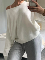 LIZAKOSHT  -  Skew Collar Solid Knit Pullovers Autumn Fashion Casual Loose Sweaters All-match Korean Chic Women's Outfits 90s
