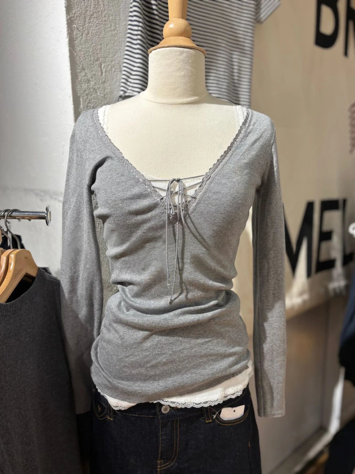 LIZAKOSHT  -  Bandage Lace Trim Long Sleeve T-shirt Autumn Sexy V-neck Cotton Slim Tshirt Top Female Casual Simple Solid Elegant Woman's Tees