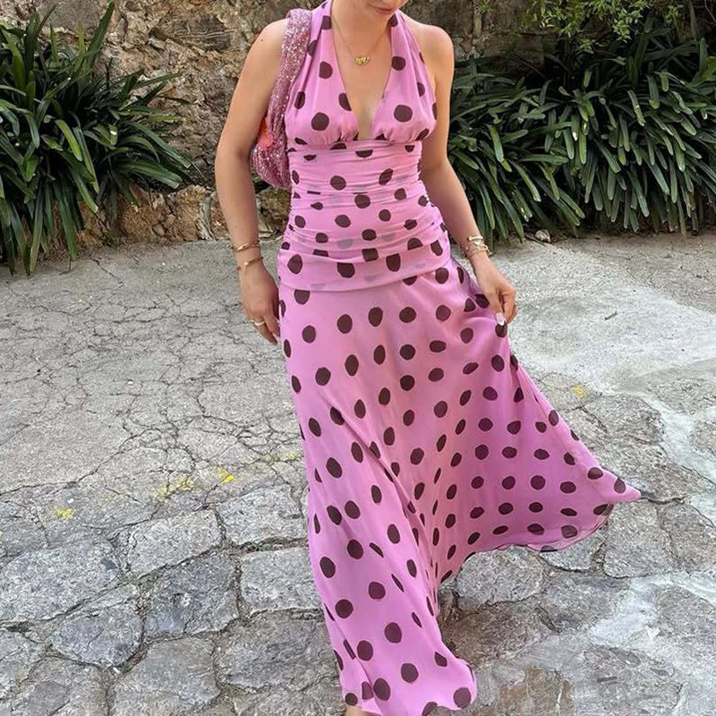 LIZAKOSHT  -  Elegant Polka Dot Backless Pleated Dress Temperament High Waist Sleeveless Dress Sexy Hanging Neck Off Shoulder Club Party Dress
