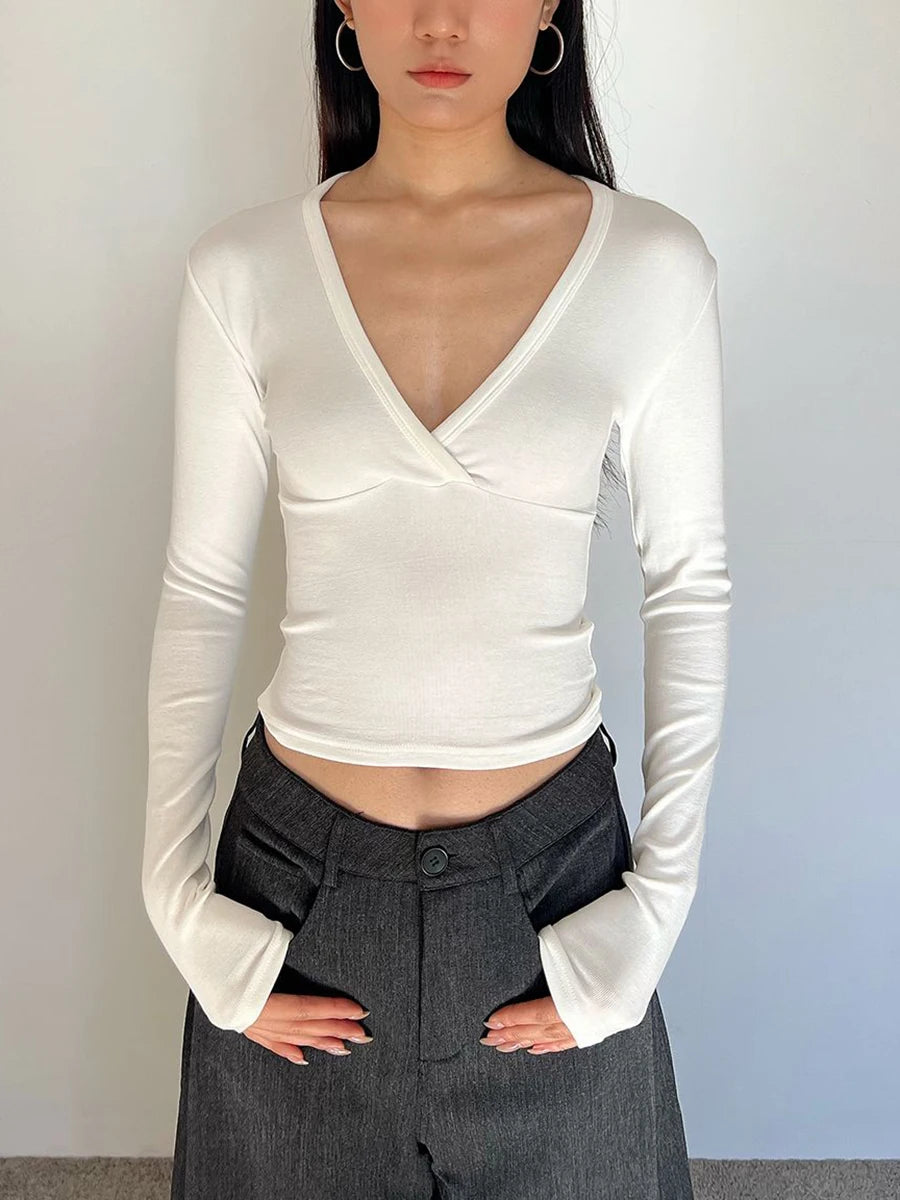 LIZAKOSHT  -  Cross V-neck Long Sleeve T-shirts Woman Autumn Cotton Slim Crop Top Female Casual Simple Solid All-match Basic Tshirts Y2k Tops