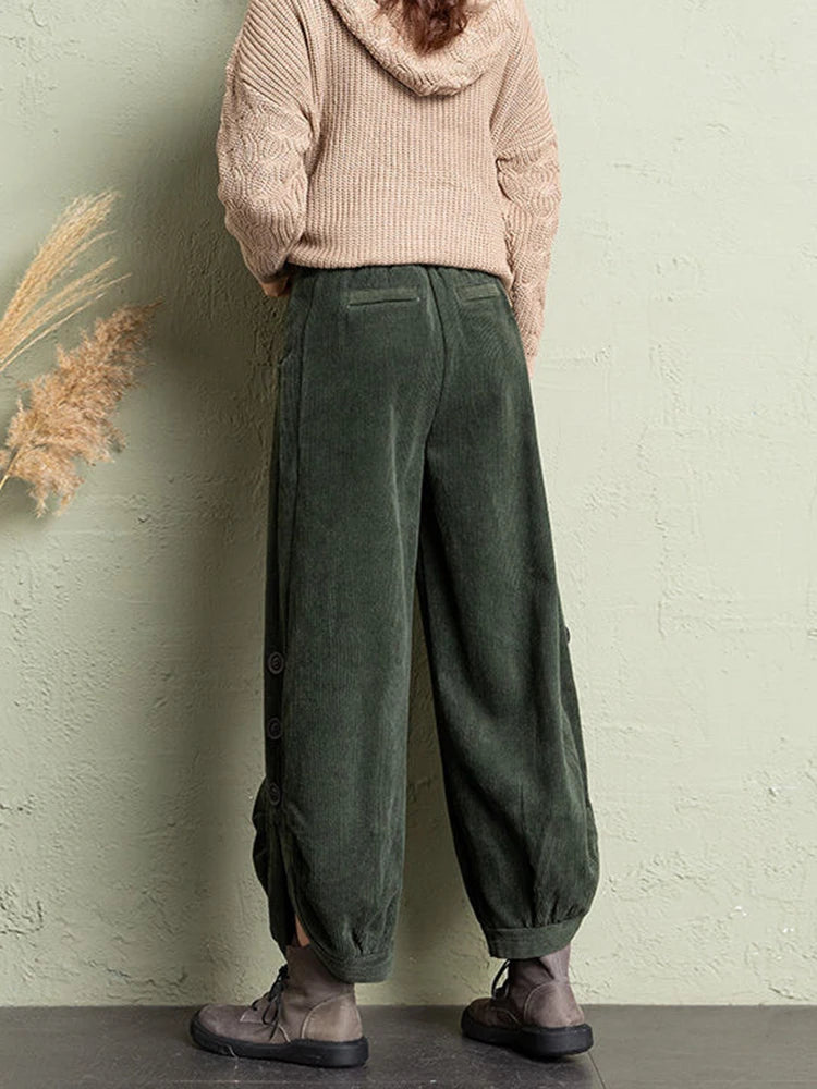 LIZAKOSHT  -  Korean Corduroy Women Pants Fall Winter Plush Warm Loose Casual Harem Trousers Retro High Waist Button Streetwear Wide Leg Pants