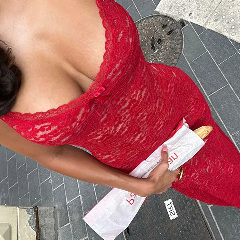LIZAKOSHT  -  Vintage Red Floral Lace Double Layer Spaghetti Strap V Neck Bodycon Slimming Maxi Dress Festival Party Night Date Gowns Outfits