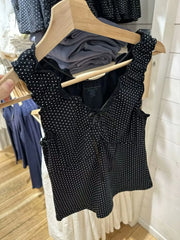 LIZAKOSHT  -  Women Black Wave Dot Fungus Trim Slim Crop Top Summer Bow V-neck Sleeveless Cropped Camis Sweet Girl Cute Preppy Style Tank Tops