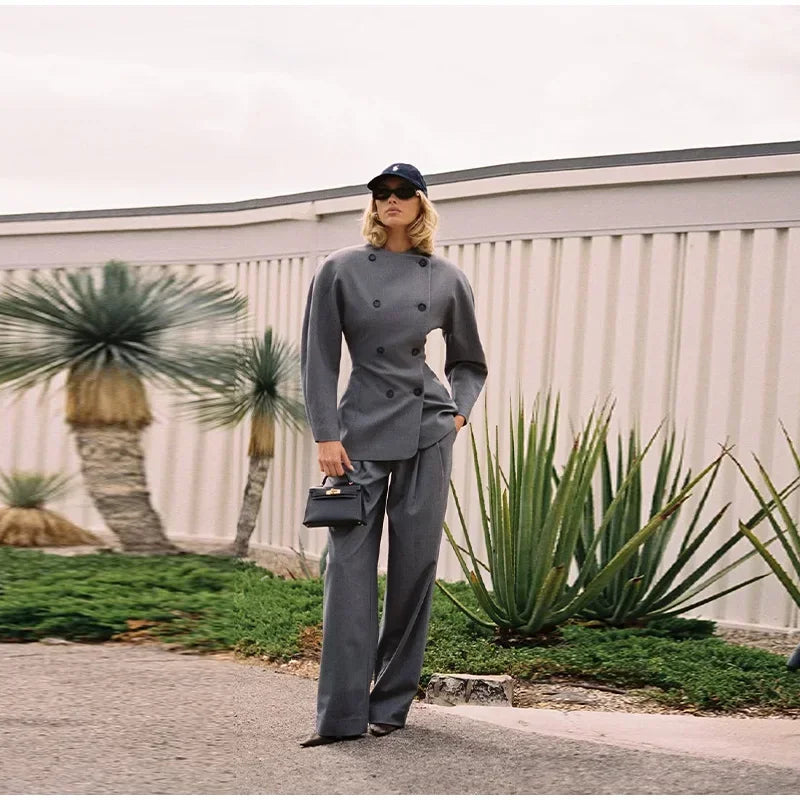 LIZAKOSHT  -  Retro Double Breasted Jacket Long Pant Set Lady Elegant Gray Waist-cinching Jackets Straight Pants Sets Women New Chic Steetwear