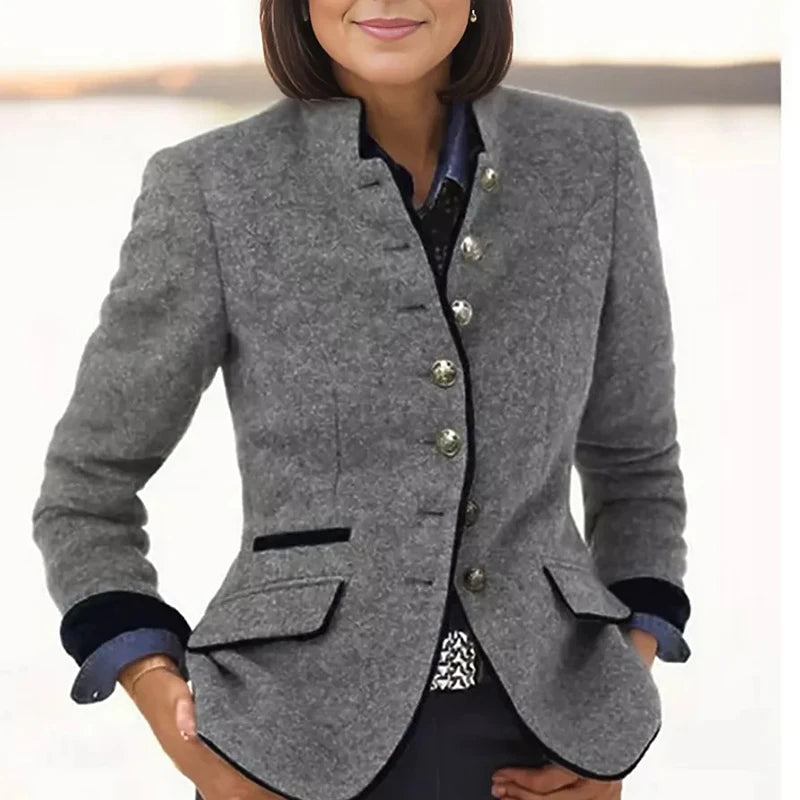 LIZAKOSHT  -  Retro Color Blocked Single Breasted Slim Jacket Lady Turtleneck Long Sleeved Commuting Coat Winter Elegant Pocket Short Outwear