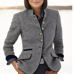 LIZAKOSHT  -  Retro Color Blocked Single Breasted Slim Jacket Lady Turtleneck Long Sleeved Commuting Coat Winter Elegant Pocket Short Outwear