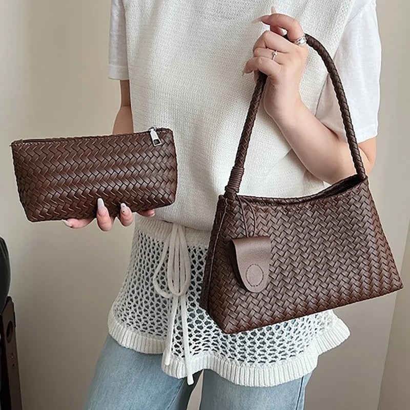 LIZAKOSHT  -  Women'S Woven Pattern Shoulder Bag Autumn And Winter Casual Wear Hand-Held Handle Bag Fashion Retro Armpit Bag With Coin Purse