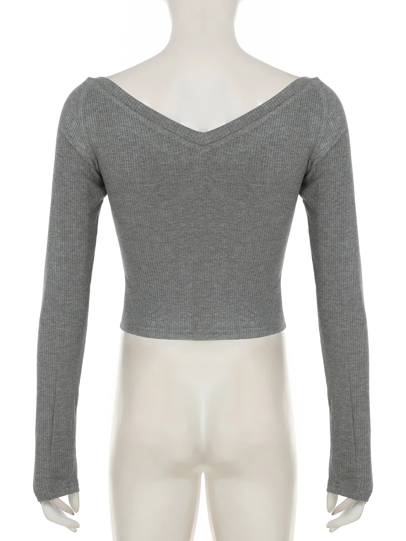 LIZAKOSHT  -  Gothic Graphic Prints Knit T-shirts Aesthetic Gray V- Neck Long Sleeve Tees Vintage Top Y2k Women's Clothes Autumn 2024