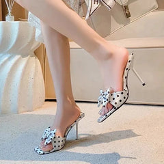 LIZAKOSHT  -  Summer Women Satin Butterfly-knot Polka Dot Slippers Sexy Stiletto Heel Dress Shoes Elegant Banquet Stripper Party Slides Shoes