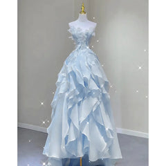 Elegant Blue Strapless Evening Dress Women New Fresh Sweet Ruffles Temperament Banquet Party Gown Luxury Exquisite Prom Dresses