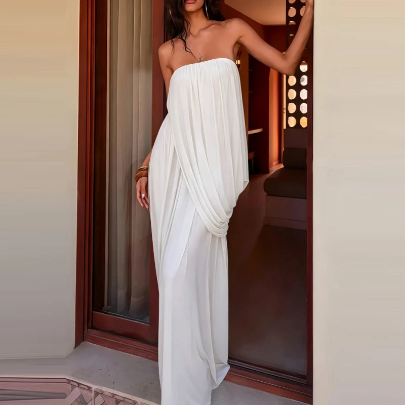 LIZAKOSHT  -  Women Elegant Draped Design Split Long Dress Summer Fashion Backless Party Dress Strapless Sleeveless Solid Color Cocktail Dress