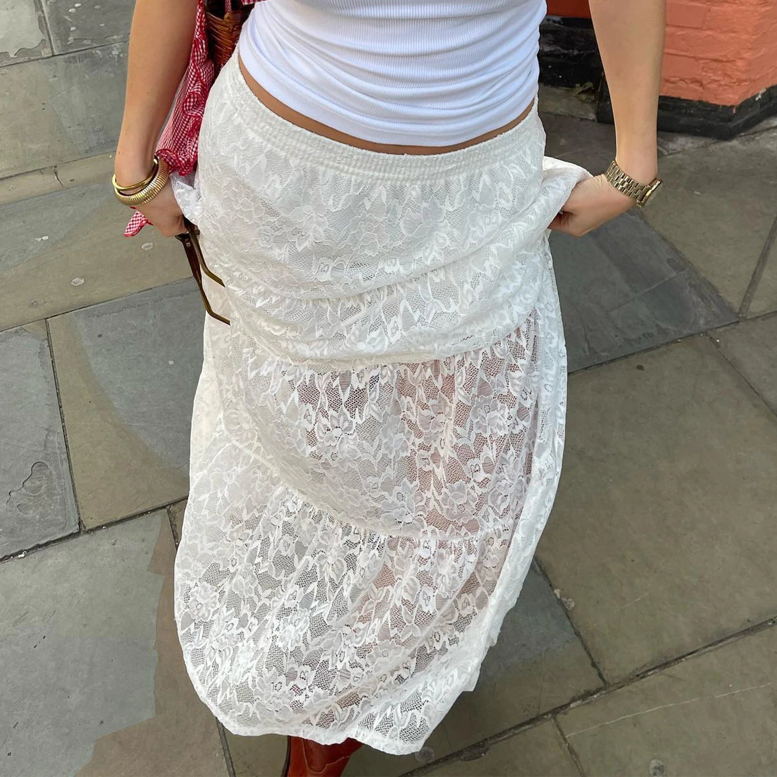 LIZAKOSHT  -  Y2K Fairy Coquette Women Lace Skirt Elegant High Waist Flowy Swing Skirt Summer Long Sheer Skirt for Casual Daily
