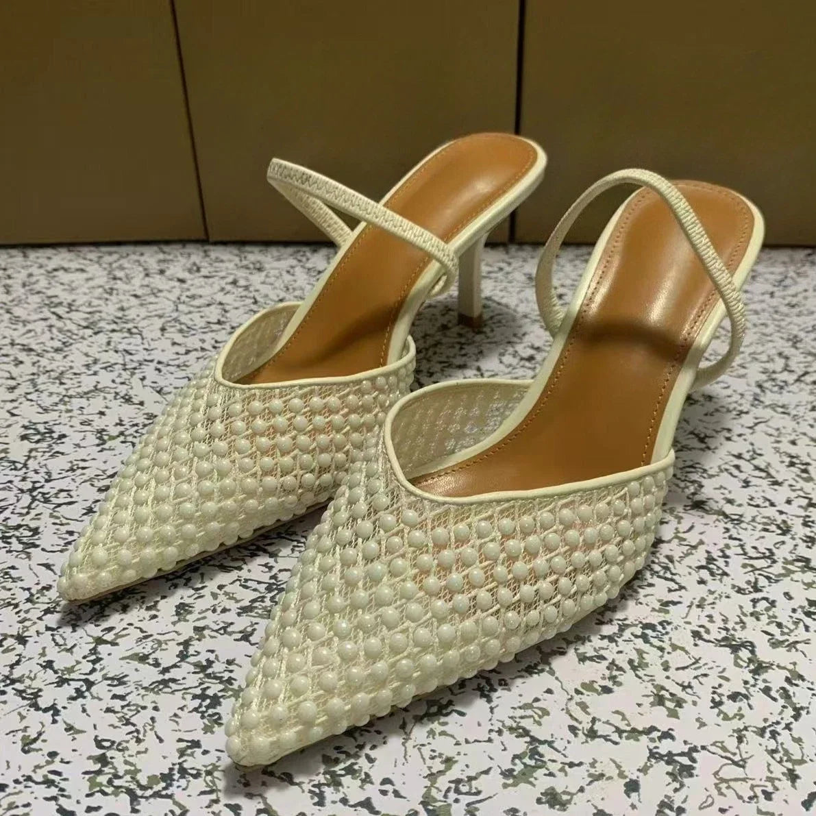 LIZAKOSHT  -  Pointed Toe White High Heels Shoes for Women Summer Breathable Pearl Mesh Designer Brand Elegant Party Wedding Female Sandals