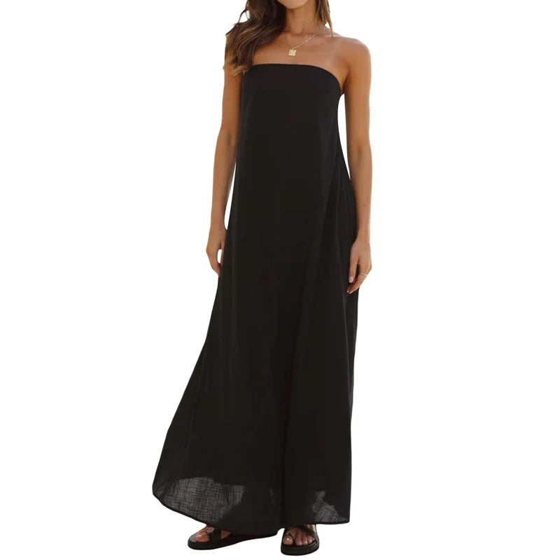 LIZAKOSHT  -  Women Graphic Strapless Long Tube Dress Vintage Off Shoulder Backless Maxi Dress Flowy Summer Holiday Beach A-line Dress