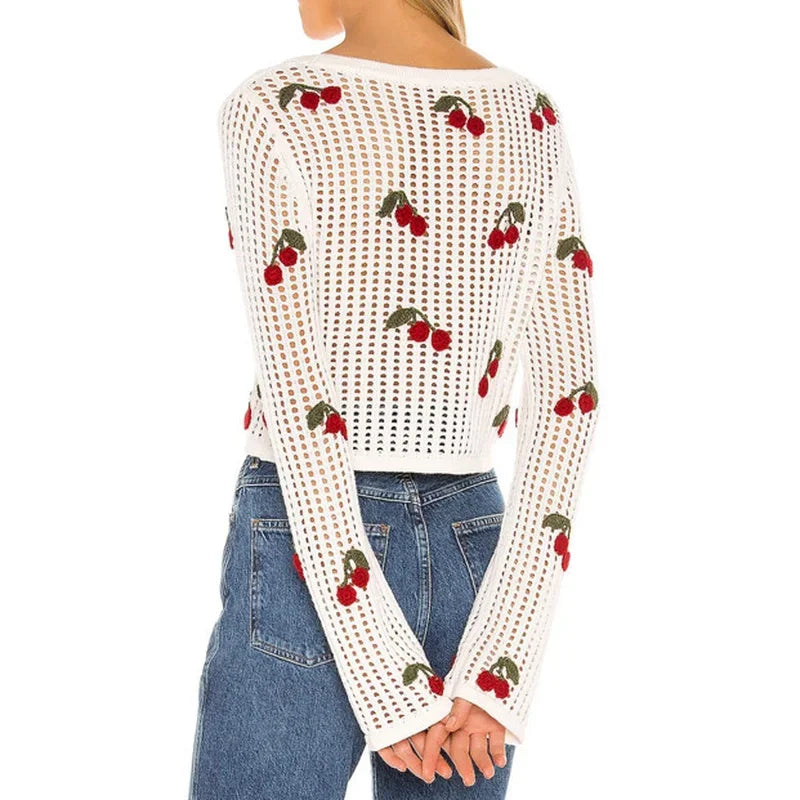 LIZAKOSHT -  Kawaii Cute Cherry Cardigan Sweet Slim Prairie Chic Long Sleeve V-Neck Sweater Women Knitted Crop Tops y2k Japanese Streetwear