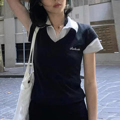 LIZAKOSHT  -  Fake Two Pieces Harajuku Contrast Color T-shirts Summer Casual Letter Embroidery Tops Women Y2k Aesthetic Slim Fit Grunge Tees