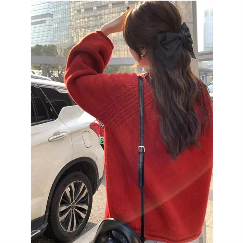 LIZAKOSHT  -  Sweater for Women Casual Soft Warm Sweater Solid Lantern Sleeve Knitted Short Pullovers Korean Loose Outerwear White Jumper