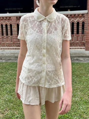 LIZAKOSHT  -   Lace See Through Beige Blouse T-shirt Woman Summer Turn Down Collar Single Breasted Short Sleeve Shirts Sweet Transparent Tshirt