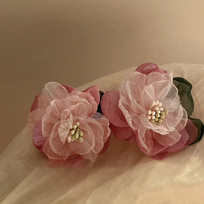 Lizakosht Oversize Pink Color Block Lace Flower Wedding Bride Stud Earring For Women Elegant Floral Charm Big Earring Jewelry