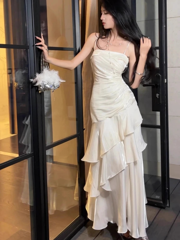 LIZAKOSHT  -  Women Spring Summer French Spaghetti Strap Long Dresses Elegant Female Slim Chic Party  Prom Robe  Fashion One Piece Clothing