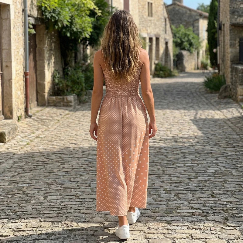 LIZAKOSHT  -  Women Polka Dot Print Dress Shirred Sleeveless Spaghetti Strap Maxi Dress Beach Vacation Party Night Cocktail Dress