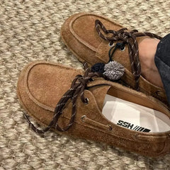LIZAKOSHT  -  Spring Autumn Round Toe Women Loafers New Cow Suede Lace Up Flat Shoes Casual Versatile Doudou Shoes Soft Soled Lady Shoes