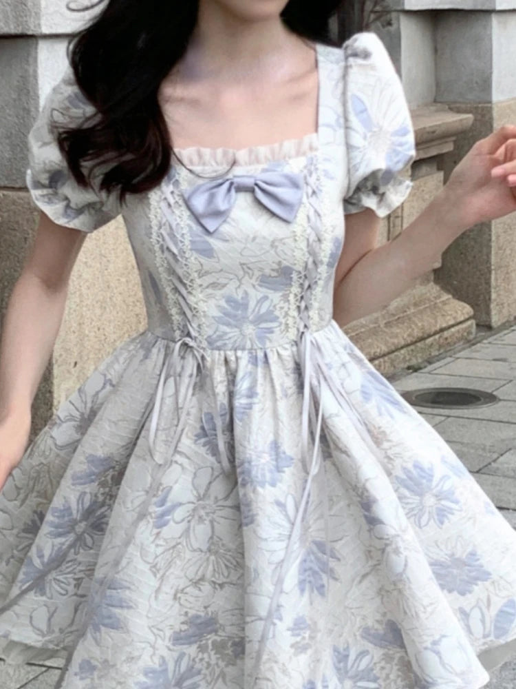 LIZAKOSHT  -  Summer Floral Elegant Mini Dress Women Square Collar Office Lady Dress Party Style Casual One Piece Dress Korean Fashion