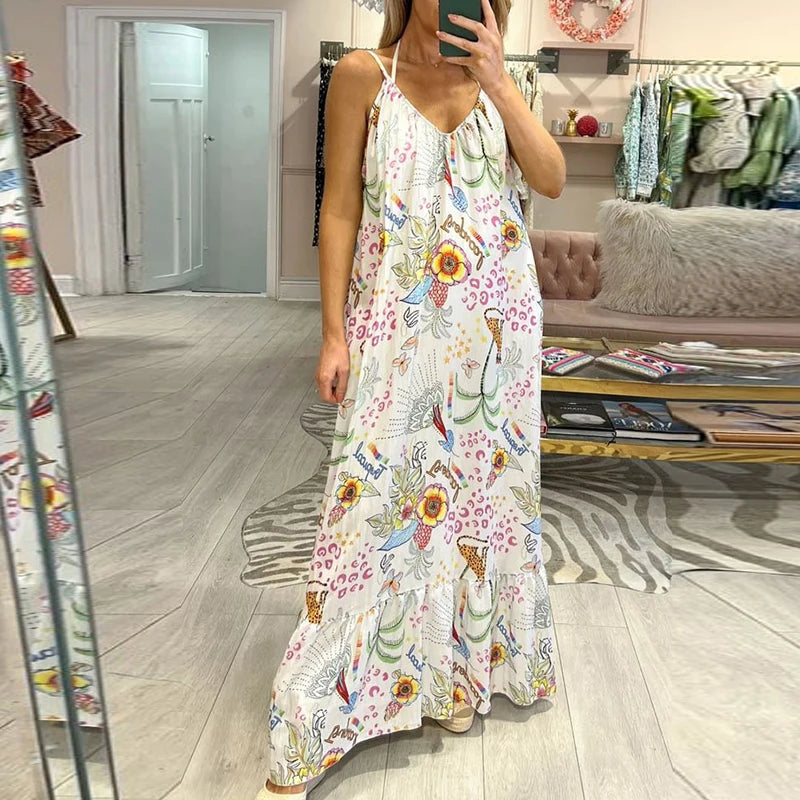 LIZAKOSHT  -  All Match Draped Female Pleat Dress Vintage Loose Suspender Beach Dress 2024 Women Pattern Printed Sleeveless V-neck Maxi Dress