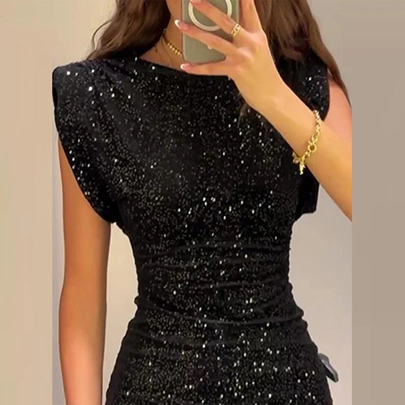 LIZAKOSHT  -  Fall Sexy O Neck High Waist Mini Dress New Ladies Fashion Shiny Sequin Sleeveless Club Dress Black Slim Pleated Short Dress